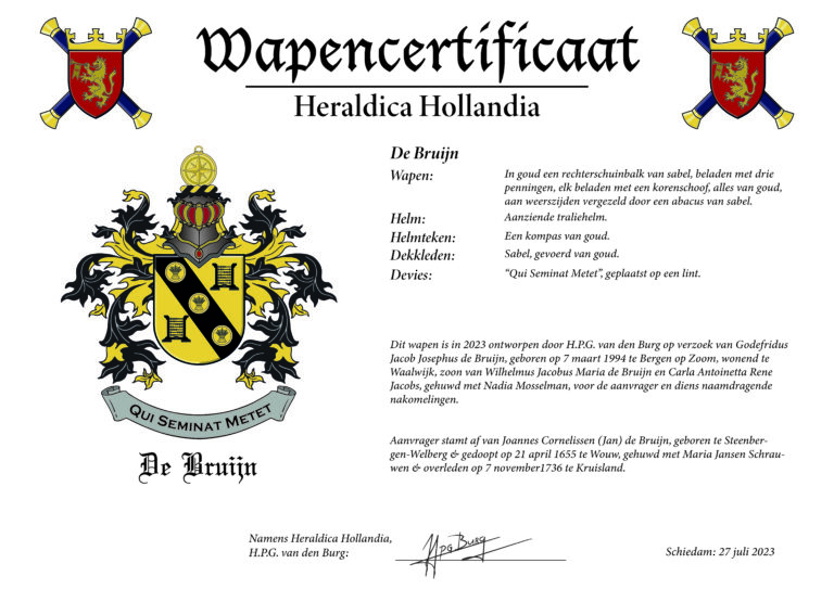 Wapencertificaat familiewapen de Bruijn