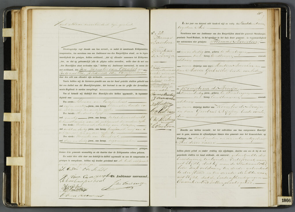 Registratie trouwen Dimphna de Bruijn en Thomas Baselier 1865