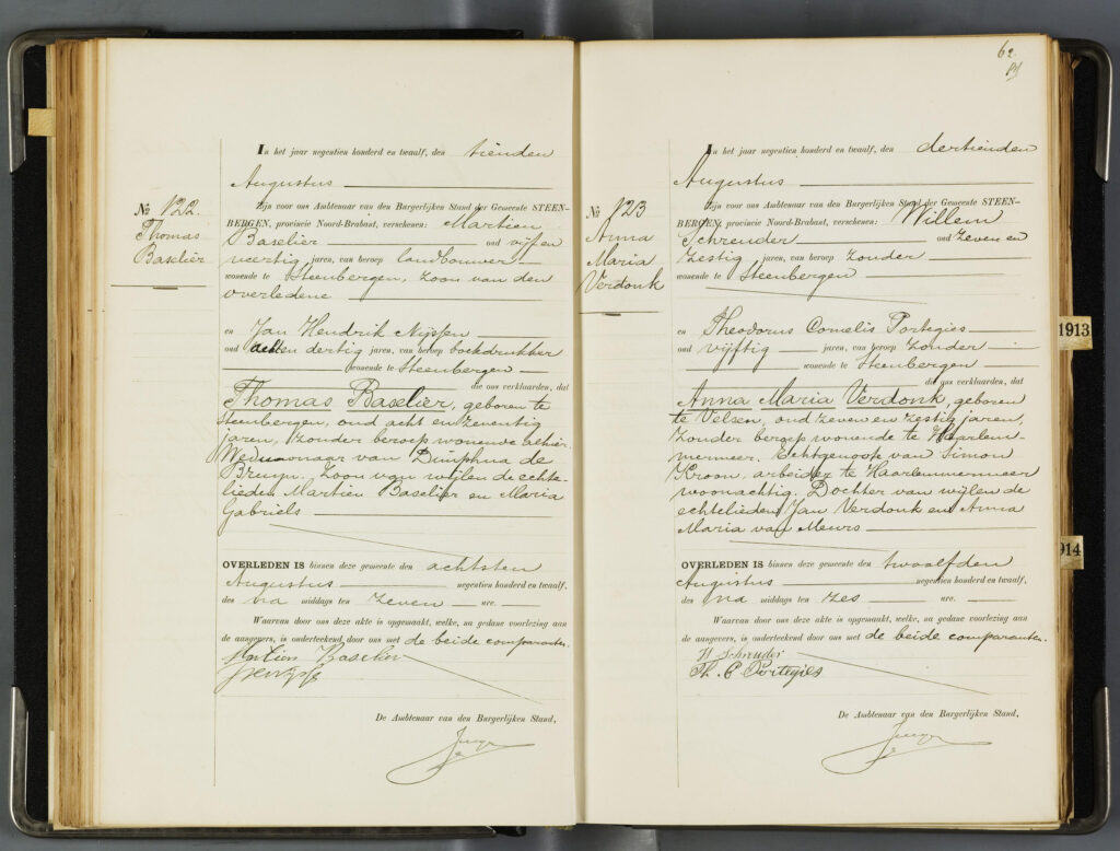 Registratie overlijden Thomas Baselier in 1912