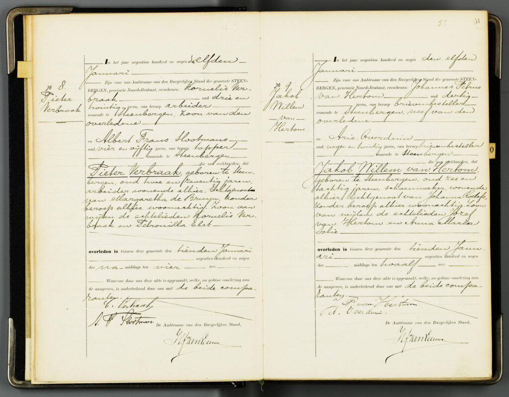 Regisratie overlijden Pieter Verbraak in 1909 met vermelding van weduwe en ouders