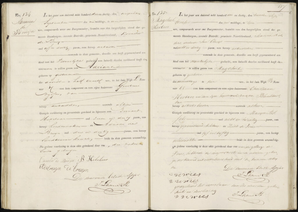 Registratie geboorte Adriana de Bruijn in 1833